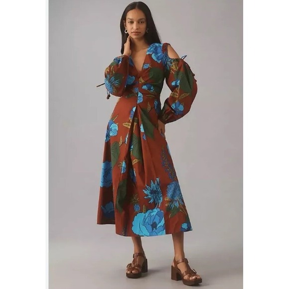 NEWFarm Rio Maxi Long Sleeve V Neck Dress Sz XS Floral Cold Sholder Boho‎ Casual